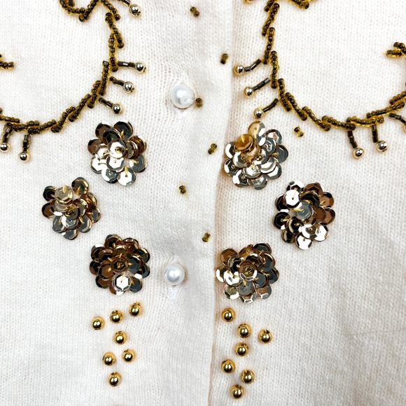 Vintage Lambswool Angora Blend Beaded Fall Leaf Cardigan in Off White - Picture 7 of 12